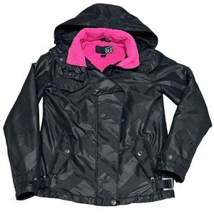 Fox Racing Jacket Womens M Black Pink Sherpa Lined Hooded Moto Geometric Pattern